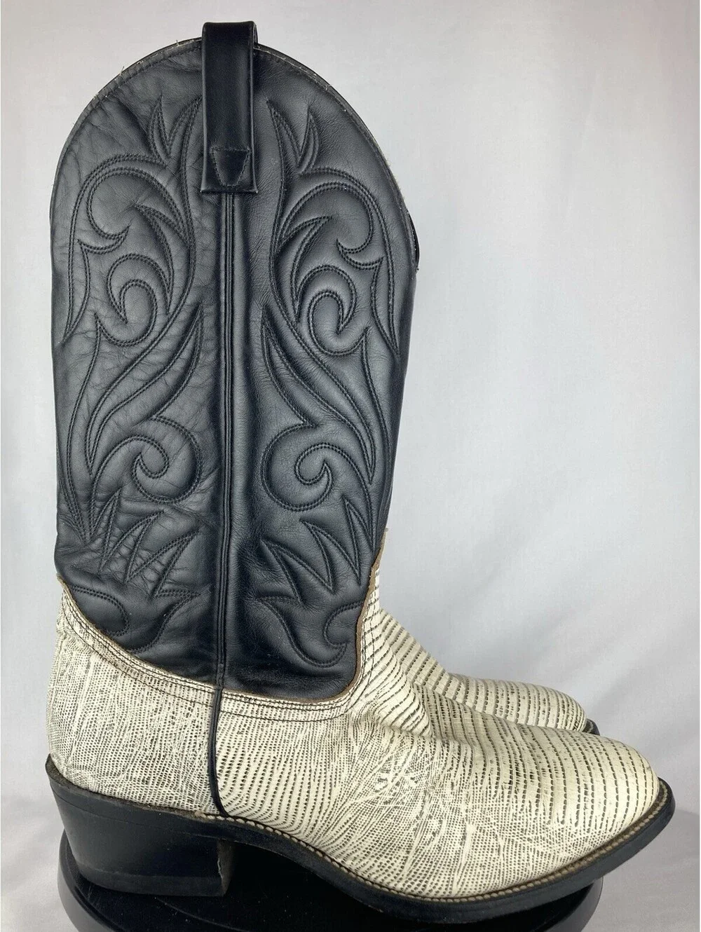 Mens 8.5 3E Extra Wide Vintage Lizard Print Cowboy Boots Black White Western USA